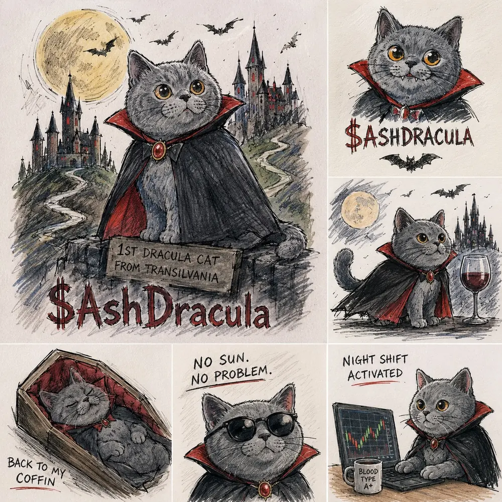 Hand-drawn panels of AshDracula: in a coffin, wearing sunglasses, and trading at a laptop