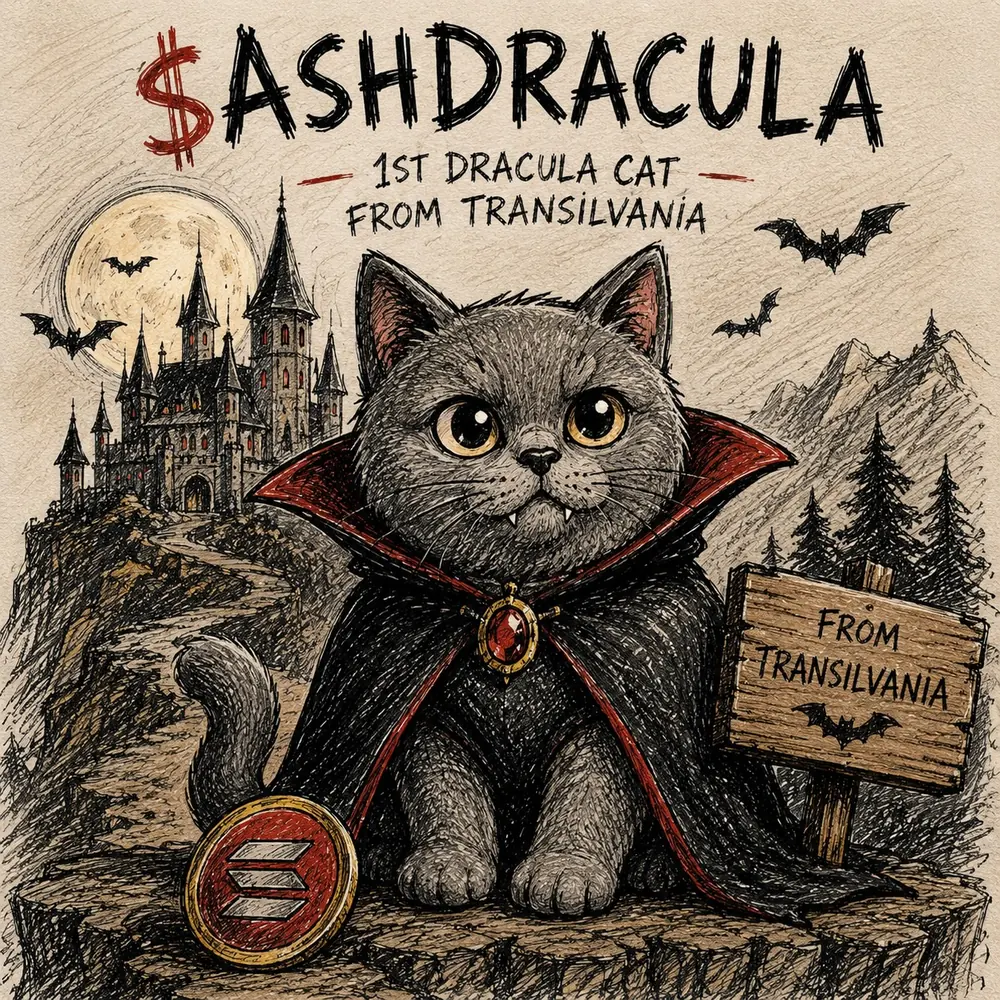 AshDracula, a grey cat in a black cape with red lining, standing before a Transylvanian castle under a full moon